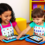 **Interactive Learning with Apps**: Create an illustration of young children joyfully engaging with interactive educational apps on tablets. Show them playing games that teach numbers and letters, with vibrant colors and playful graphics that highlight their enthusiasm and learning.