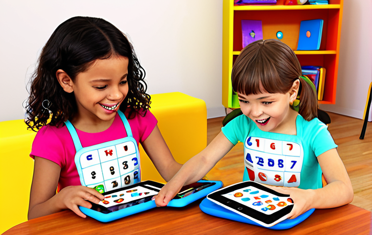 **Interactive Learning with Apps**: Create an illustration of young children joyfully engaging with interactive educational apps on tablets. Show them playing games that teach numbers and letters, with vibrant colors and playful graphics that highlight their enthusiasm and learning.