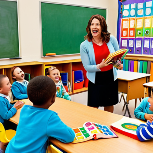 ** A vibrant classroom scene depicting a teacher leading a group of young children in a fun, interactive activity that stimulates multiple senses. The children are smiling and engaged, with elements like colorful picture books, musical instruments, and textured objects visible. Emphasis on creating a joyful and stimulating learning environment.

**