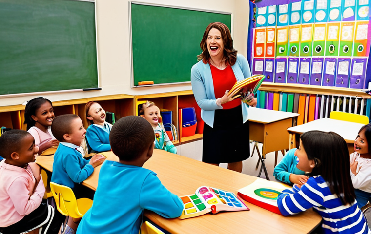 ** A vibrant classroom scene depicting a teacher leading a group of young children in a fun, interactive activity that stimulates multiple senses. The children are smiling and engaged, with elements like colorful picture books, musical instruments, and textured objects visible. Emphasis on creating a joyful and stimulating learning environment.

**