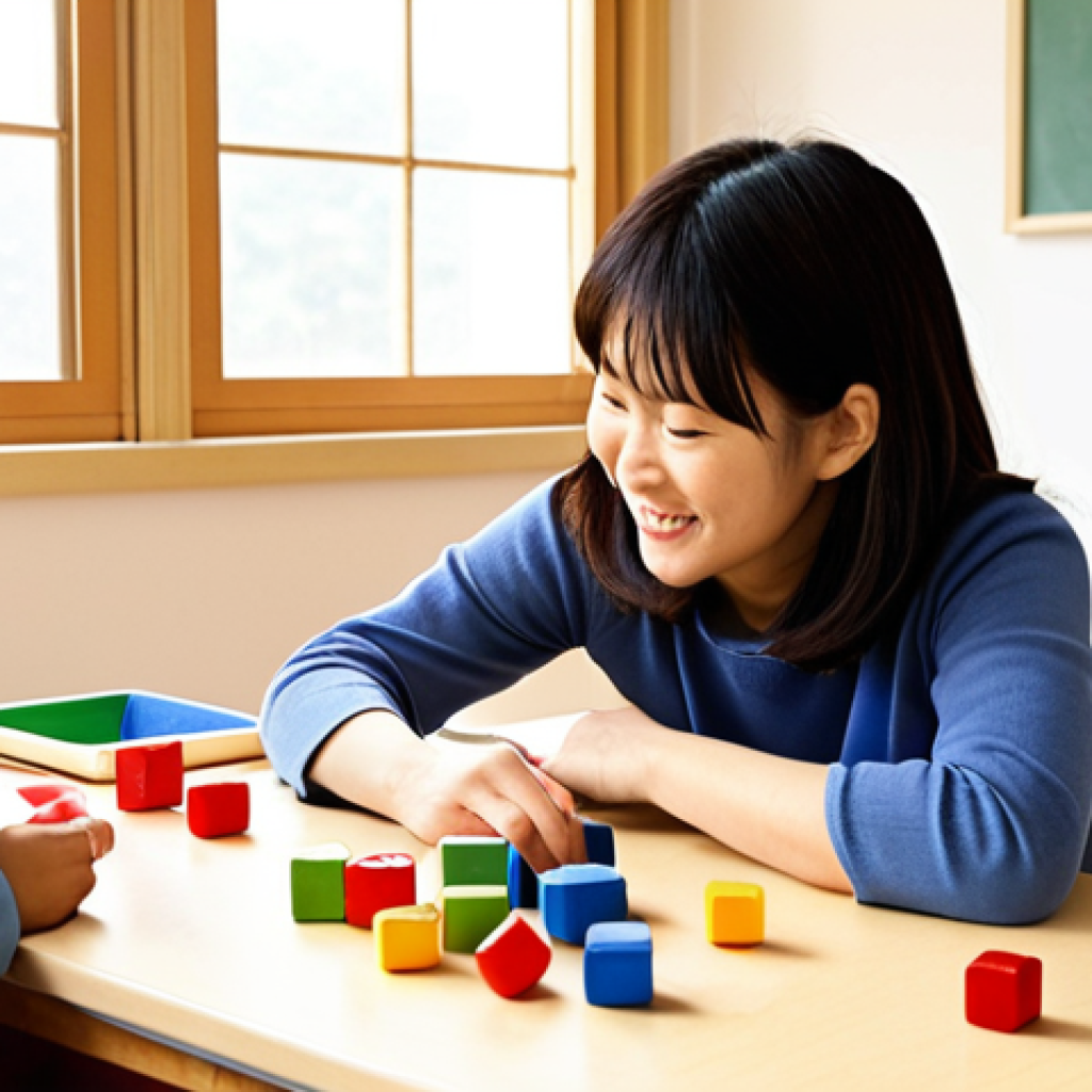 **Prompt:** A heartwarming scene in a bright, modern Japanese early childhood education classroom. A kind female teacher is gently observing and interacting with a small group of diverse children engaged in various activities – one building with blocks, another focused on drawing, and a third exploring a sensory bin. The environment is rich with learning materials, well-organized, and bathed in natural light. The atmosphere exudes a sense of individual growth, joyful discovery, and the teacher's empathetic understanding of each child's unique developmental stage.
    *   **Keywords:** Early childhood education, Japanese classroom, diverse children, attentive teacher, play-based learning, developmental support, joyful, warm atmosphere, modern, natural light.