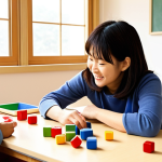 **Prompt:** A heartwarming scene in a bright, modern Japanese early childhood education classroom. A kind female teacher is gently observing and interacting with a small group of diverse children engaged in various activities – one building with blocks, another focused on drawing, and a third exploring a sensory bin. The environment is rich with learning materials, well-organized, and bathed in natural light. The atmosphere exudes a sense of individual growth, joyful discovery, and the teacher's empathetic understanding of each child's unique developmental stage.
    *   **Keywords:** Early childhood education, Japanese classroom, diverse children, attentive teacher, play-based learning, developmental support, joyful, warm atmosphere, modern, natural light.