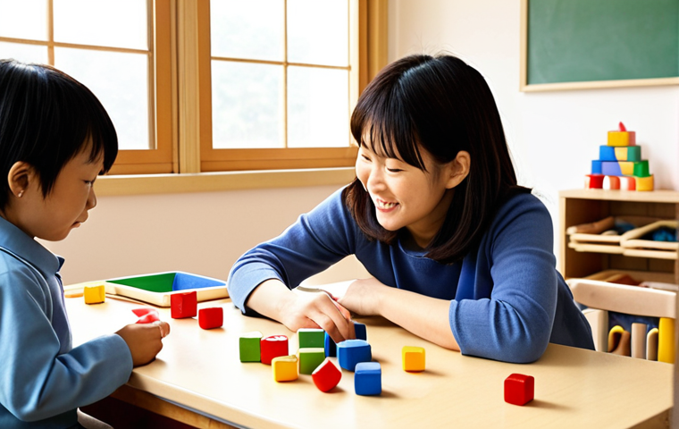 **Prompt:** A heartwarming scene in a bright, modern Japanese early childhood education classroom. A kind female teacher is gently observing and interacting with a small group of diverse children engaged in various activities – one building with blocks, another focused on drawing, and a third exploring a sensory bin. The environment is rich with learning materials, well-organized, and bathed in natural light. The atmosphere exudes a sense of individual growth, joyful discovery, and the teacher's empathetic understanding of each child's unique developmental stage.
    *   **Keywords:** Early childhood education, Japanese classroom, diverse children, attentive teacher, play-based learning, developmental support, joyful, warm atmosphere, modern, natural light.