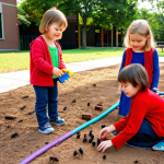 A group of joyful and curious kindergarten children engaged in self-directed play outdoors. One child is intently observing ants on a path, while another group is collaborating to build a tall, imaginative structure with colorful blocks, showcasing teamwork and problem-solving. Children's faces express pure delight, concentration, and wonder. The setting is a vibrant, sunlit kindergarten playground with natural elements.