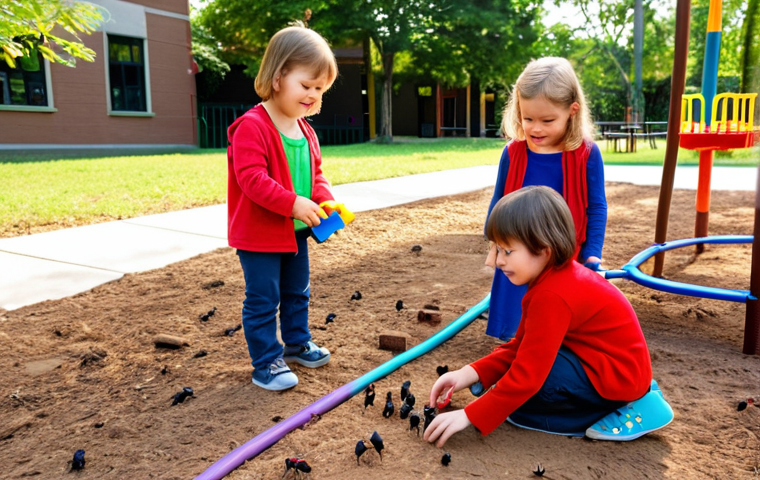 A group of joyful and curious kindergarten children engaged in self-directed play outdoors. One child is intently observing ants on a path, while another group is collaborating to build a tall, imaginative structure with colorful blocks, showcasing teamwork and problem-solving. Children's faces express pure delight, concentration, and wonder. The setting is a vibrant, sunlit kindergarten playground with natural elements.
