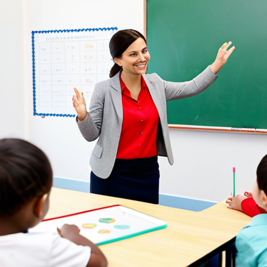 A professional female early childhood educator, dressed in a modest business casual outfit, gently guiding a diverse group of young children (ages 3-5) during an interactive learning session in a bright, modern classroom. The children are fully clothed in comfortable, appropriate attire, actively engaged with a child-friendly tablet or an interactive whiteboard, fostering digital literacy and critical thinking skills. The educator has a warm, encouraging expression, demonstrating an educational activity. The background shows a clean, well-organized learning environment with colorful educational materials.