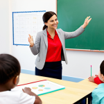 A professional female early childhood educator, dressed in a modest business casual outfit, gently guiding a diverse group of young children (ages 3-5) during an interactive learning session in a bright, modern classroom. The children are fully clothed in comfortable, appropriate attire, actively engaged with a child-friendly tablet or an interactive whiteboard, fostering digital literacy and critical thinking skills. The educator has a warm, encouraging expression, demonstrating an educational activity. The background shows a clean, well-organized learning environment with colorful educational materials.