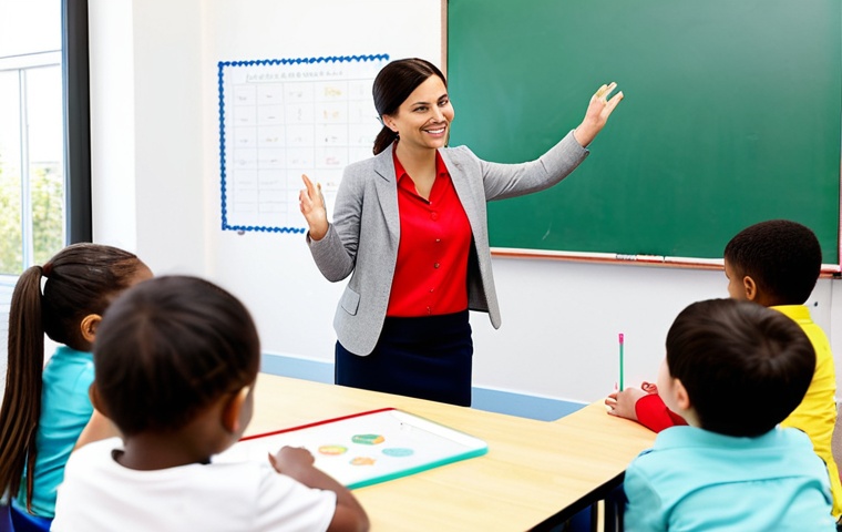 A professional female early childhood educator, dressed in a modest business casual outfit, gently guiding a diverse group of young children (ages 3-5) during an interactive learning session in a bright, modern classroom. The children are fully clothed in comfortable, appropriate attire, actively engaged with a child-friendly tablet or an interactive whiteboard, fostering digital literacy and critical thinking skills. The educator has a warm, encouraging expression, demonstrating an educational activity. The background shows a clean, well-organized learning environment with colorful educational materials.