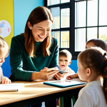 A professional female childcare worker, mid-30s, in a modest and comfortable uniform, fully clothed, appropriate attire, gently observing a group of happy children playing in a bright, modern preschool classroom. She is holding a tablet, subtly using it for observation notes while maintaining a natural, warm expression. Sunlight streams through large windows. The children are engaged in age-appropriate, playful activities like building blocks and drawing. Perfect anatomy, correct proportions, natural pose, well-formed hands, proper finger count, natural body proportions, professional photography, high quality, safe for work, appropriate content, family-friendly.