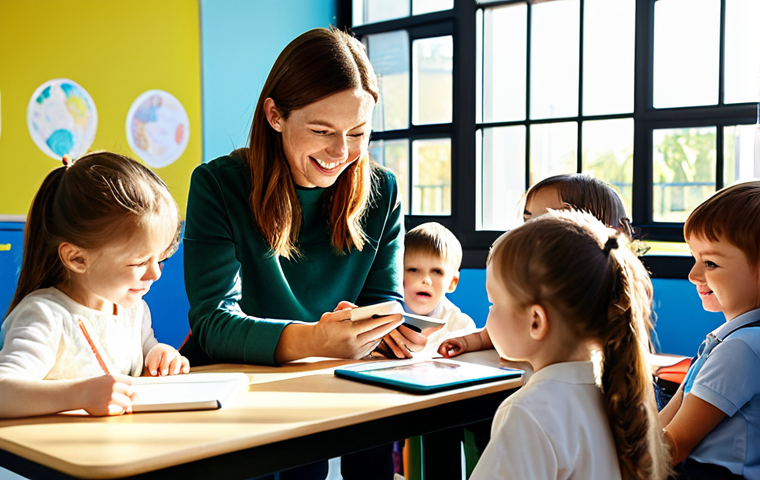 A professional female childcare worker, mid-30s, in a modest and comfortable uniform, fully clothed, appropriate attire, gently observing a group of happy children playing in a bright, modern preschool classroom. She is holding a tablet, subtly using it for observation notes while maintaining a natural, warm expression. Sunlight streams through large windows. The children are engaged in age-appropriate, playful activities like building blocks and drawing. Perfect anatomy, correct proportions, natural pose, well-formed hands, proper finger count, natural body proportions, professional photography, high quality, safe for work, appropriate content, family-friendly.