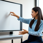 A professional female early childhood education instructor in a modest, smart casual blouse and trousers, demonstrating a children's hand-play activity. She stands in a clean, modern training room with a large monitor in the background displaying a subtle, blurred image of a past performance. A professional mentor is seated nearby, observing intently. Soft, natural lighting illuminates the scene.
    *   fully clothed, modest clothing, appropriate attire, professional dress, safe for work, appropriate content, professional, family-friendly
    *   perfect anatomy, correct proportions, natural pose, well-formed hands, proper finger count, natural body proportions
    *   professional photography, high quality, realistic, sharp focus
