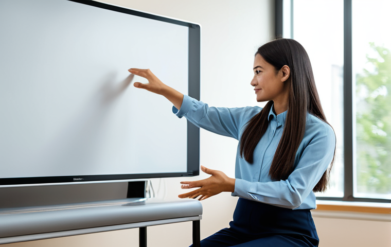A professional female early childhood education instructor in a modest, smart casual blouse and trousers, demonstrating a children's hand-play activity. She stands in a clean, modern training room with a large monitor in the background displaying a subtle, blurred image of a past performance. A professional mentor is seated nearby, observing intently. Soft, natural lighting illuminates the scene.
    *   fully clothed, modest clothing, appropriate attire, professional dress, safe for work, appropriate content, professional, family-friendly
    *   perfect anatomy, correct proportions, natural pose, well-formed hands, proper finger count, natural body proportions
    *   professional photography, high quality, realistic, sharp focus