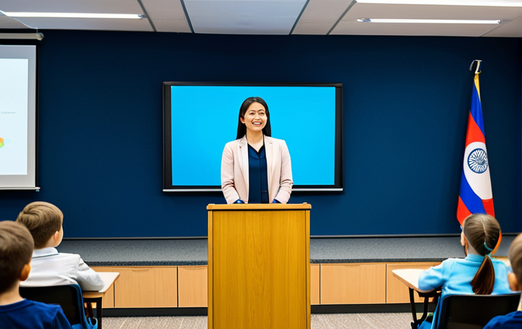 A professional female early childhood education instructor. She is wearing modest business casual attire and professional dress. She stands confidently at a modern podium in a bright lecture hall, engaging with an unseen adult audience. A large screen behind her displays educational content related to child development and modern learning methods, such as graphs or child-friendly illustrations. The atmosphere is inspiring and educational, with soft, professional lighting. This is a high-resolution, professional photograph with sharp focus. fully clothed, modest clothing, appropriate attire, professional dress, safe for work, appropriate content, perfect anatomy, correct proportions, natural pose, well-formed hands, proper finger count, natural body proportions.