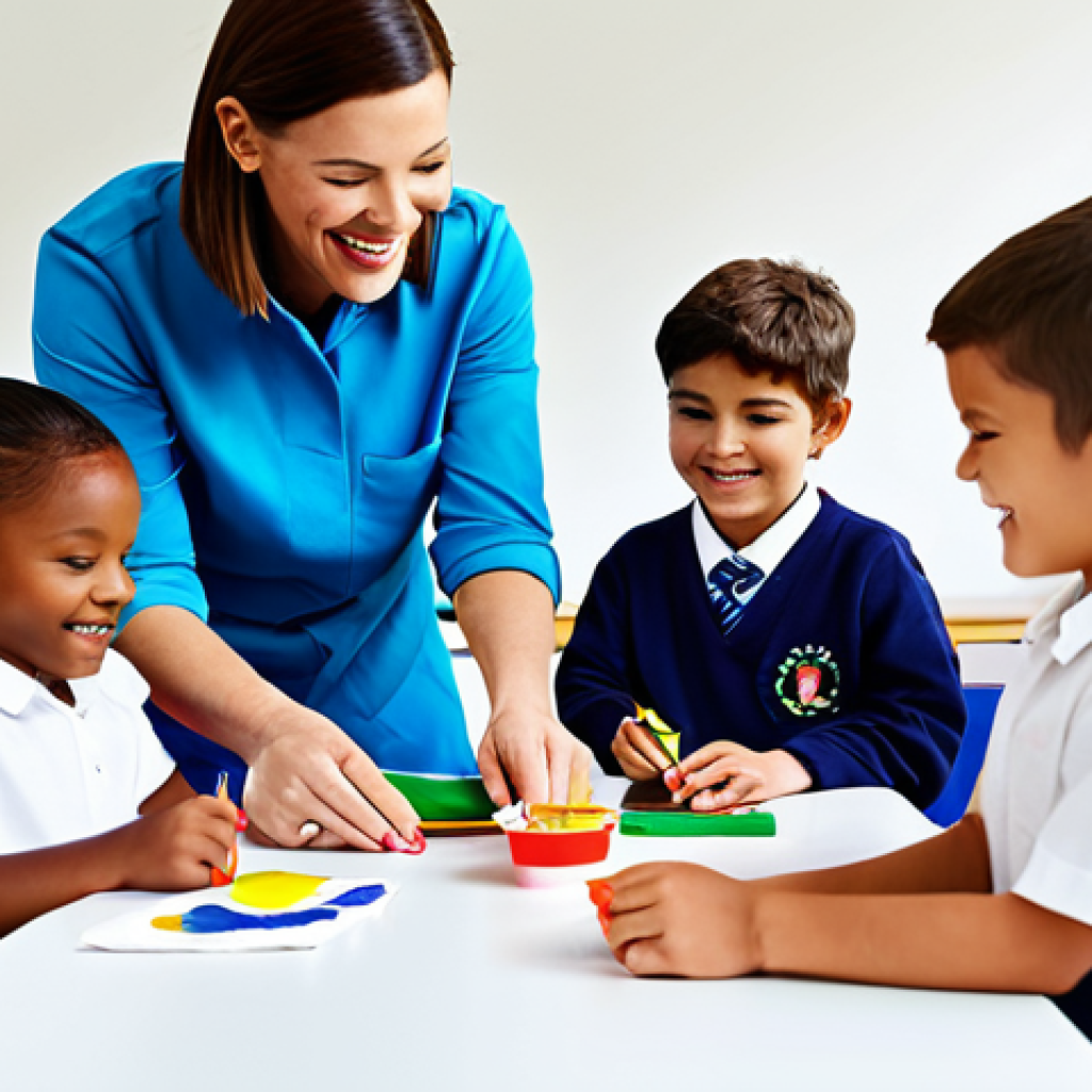 **

A professional female childcare worker in modest, cheerful clothing, engaging with a small group of children (ages 4-5) in a brightly lit, well-equipped classroom. They are participating in an arts and crafts activity, such as painting or making origami. Safe for work, appropriate content, fully clothed, professional, family-friendly. Perfect anatomy, correct proportions, natural pose, well-formed hands, proper finger count, natural body proportions. High quality, vibrant colors, realistic rendering.

**