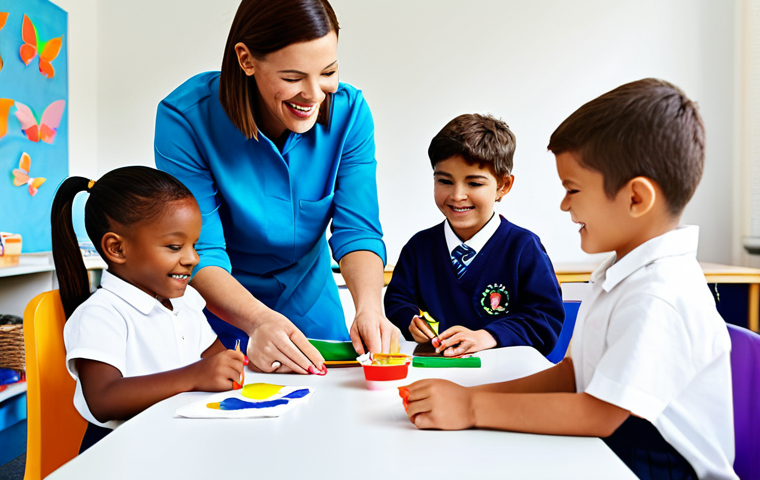 **

A professional female childcare worker in modest, cheerful clothing, engaging with a small group of children (ages 4-5) in a brightly lit, well-equipped classroom. They are participating in an arts and crafts activity, such as painting or making origami. Safe for work, appropriate content, fully clothed, professional, family-friendly. Perfect anatomy, correct proportions, natural pose, well-formed hands, proper finger count, natural body proportions. High quality, vibrant colors, realistic rendering.

**