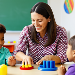 **

A professional female kindergarten teacher in a brightly lit classroom, fully clothed in a modest and cheerful outfit (e.g., colorful blouse and slacks), interacting with a group of diverse children playing with educational toys, safe for work, appropriate content, family-friendly, perfect anatomy, natural proportions, well-formed hands, proper finger count, professional photography.

**