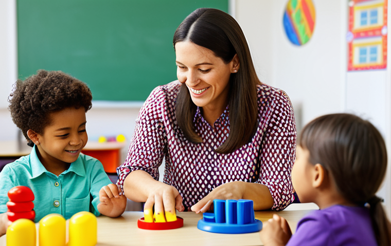 **

A professional female kindergarten teacher in a brightly lit classroom, fully clothed in a modest and cheerful outfit (e.g., colorful blouse and slacks), interacting with a group of diverse children playing with educational toys, safe for work, appropriate content, family-friendly, perfect anatomy, natural proportions, well-formed hands, proper finger count, professional photography.

**