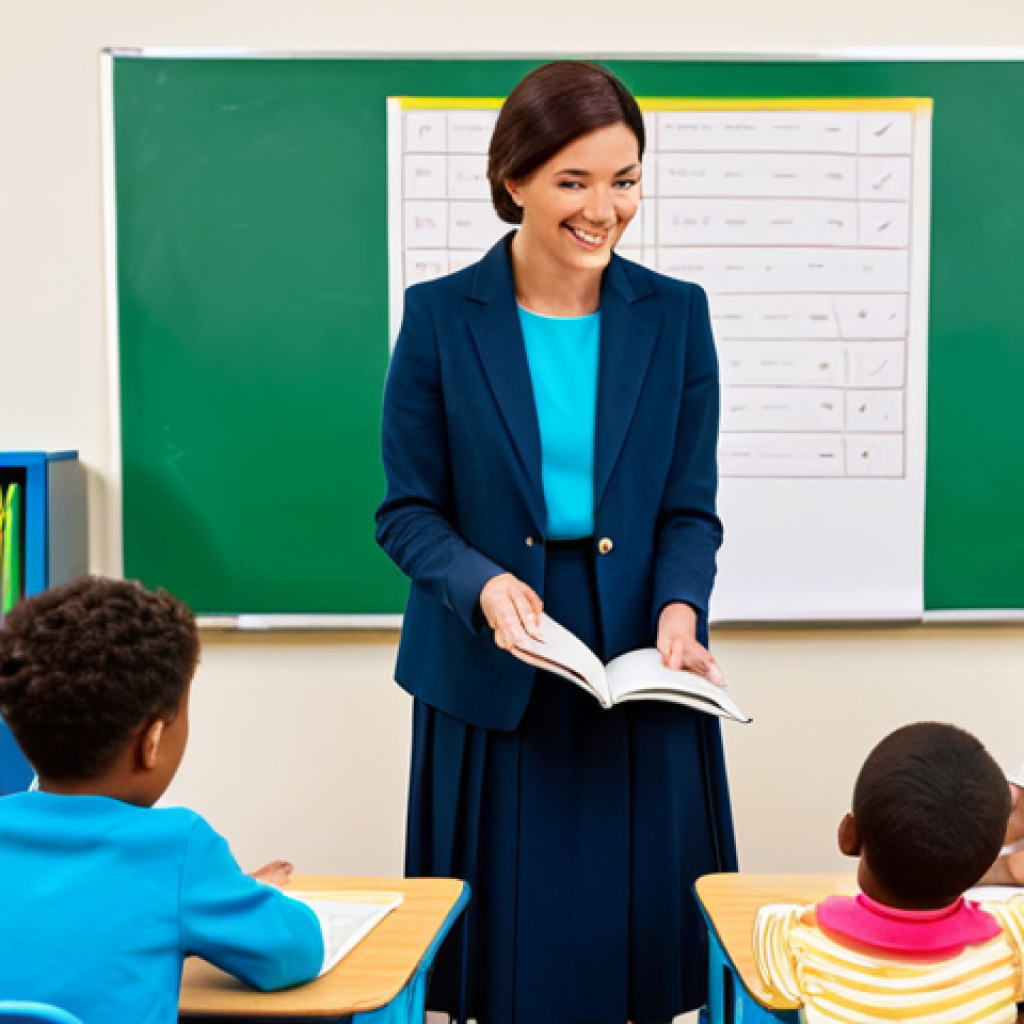 Early Childhood Education Instructor in Action**

"A professional early childhood education instructor, fully clothed in modest, professional attire (such as a blazer and slacks or a knee-length skirt), interacting with young children in a bright, colorful classroom setting. The instructor is demonstrating a learning activity, perhaps reading a book or leading a craft project.  Ensure well-formed hands and natural body proportions. Safe for work, appropriate content, family-friendly, perfect anatomy, correct proportions."

**