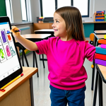 Digital Creativity**

A classroom scene with young children using iPads for drawing and creating digital art, fully clothed in colorful, age-appropriate clothing. The teacher is assisting a child, demonstrating a drawing app. Bright, cheerful atmosphere, lots of natural light. Background shows examples of children's digital artwork. perfect anatomy, correct proportions, well-formed hands, proper finger count, natural body proportions. safe for work, appropriate content, fully clothed, family-friendly. professional, high quality.

**
