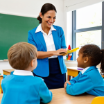 Nurturing Early Childhood Development**

A professional female childcare provider in a modest and cheerful uniform, engaging with a diverse group of young children in a brightly lit, modern classroom setting. The children are actively participating in educational activities. Focus on creating an atmosphere of learning and positive interactions, fully clothed, appropriate attire, safe for work, perfect anatomy, natural proportions, family-friendly.

**