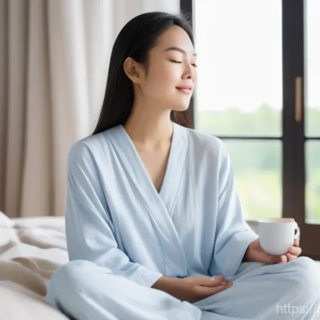 유아교육지도사로서 근무 중 스트레스 해소법 - **Prompt: Peaceful Morning Ritual**
A serene Asian woman, appearing to be in her late 20s to ear...