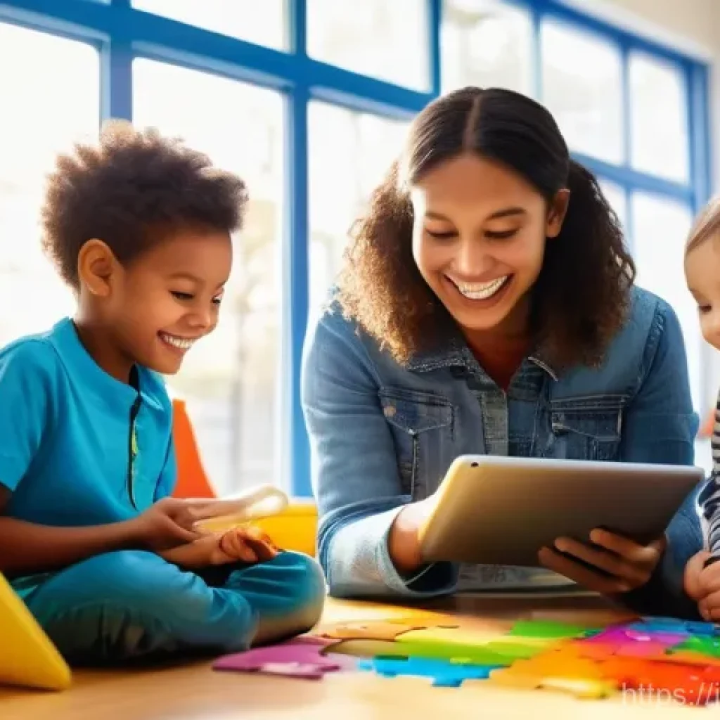 유아교육지도사 교육 자료 제작 팁 - A group of diverse preschool children, aged 3-5, are enthusiastically engaging with digital learning...
