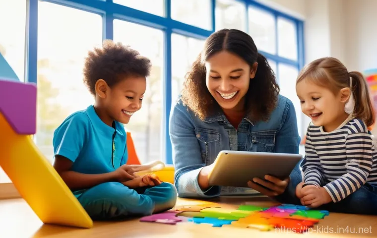 유아교육지도사 교육 자료 제작 팁 - A group of diverse preschool children, aged 3-5, are enthusiastically engaging with digital learning...