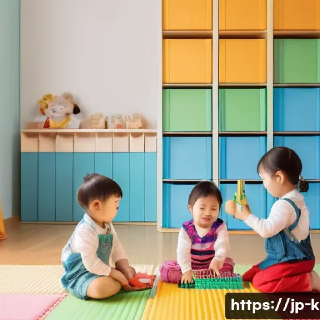 유아교육지도사로서의 교육 봉사 활동 - **Prompt:** "A cheerful Japanese kindergarten class during playtime. Five toddlers (ages 4-5) are bu...