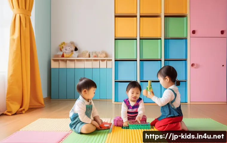 유아교육지도사로서의 교육 봉사 활동 - **Prompt:** "A cheerful Japanese kindergarten class during playtime. Five toddlers (ages 4-5) are bu...