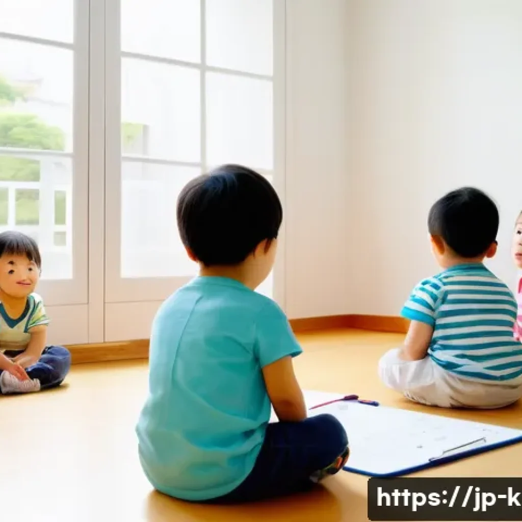 유아교육지도사로서 근무 중 발생하는 긴급 상황 대처 - A calm Japanese daycare setting with a female caregiver attentively observing a group of toddlers pl...