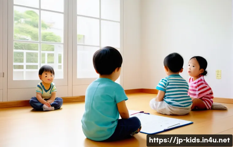 유아교육지도사로서 근무 중 발생하는 긴급 상황 대처 - A calm Japanese daycare setting with a female caregiver attentively observing a group of toddlers pl...