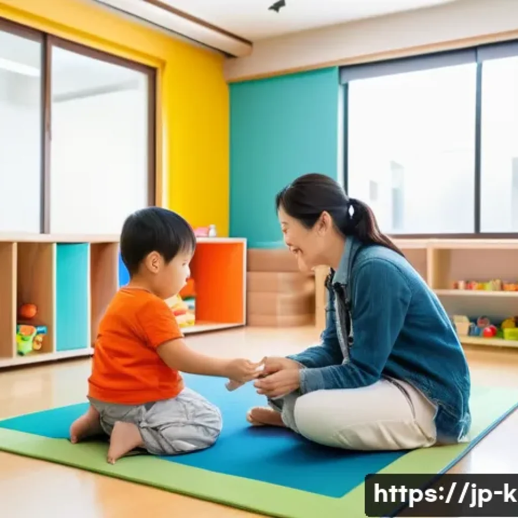 유아교육지도사 자격증 취득 이후 진로 선택 - A warm and lively scene inside a modern Japanese daycare center where a qualified childcare educator...