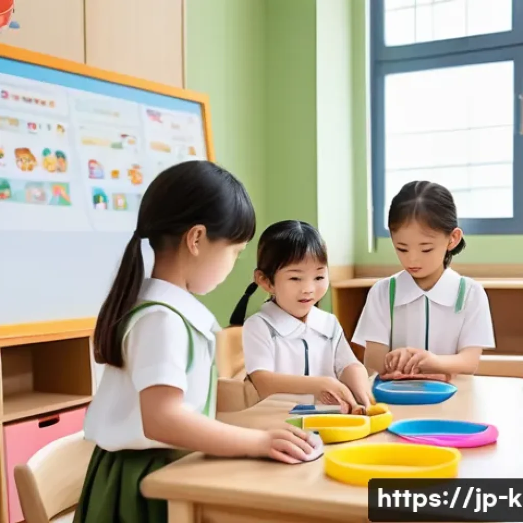 유아교육지도사 이직 시 고려해야 할 사항 - A modern Japanese kindergarten classroom scene during a digital learning session, featuring young ch...