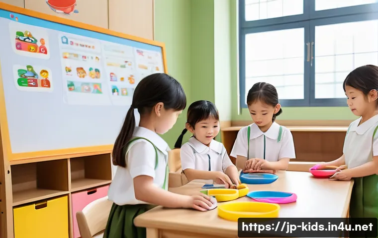 유아교육지도사 이직 시 고려해야 할 사항 - A modern Japanese kindergarten classroom scene during a digital learning session, featuring young ch...