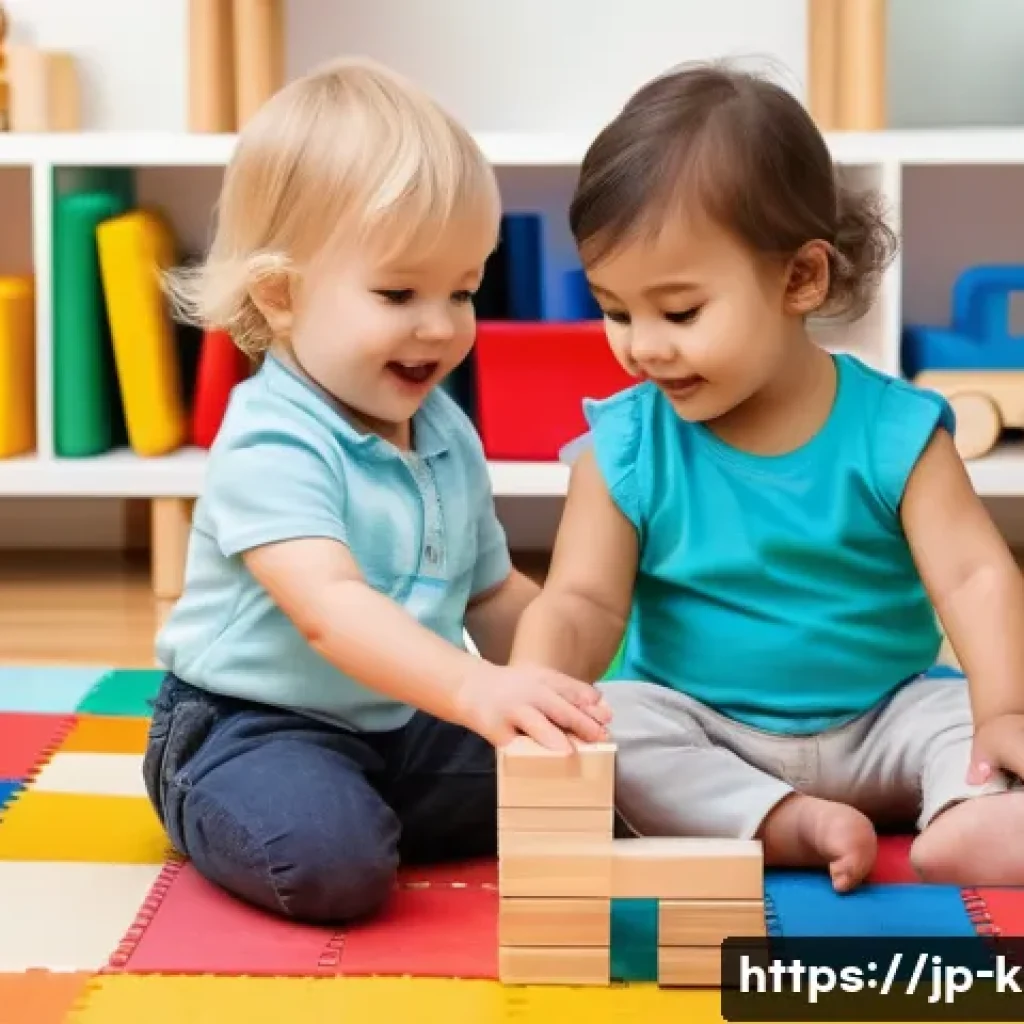 유아교육지도사로서 교육 중 평가 체계 설계 - A warm, bright daycare room filled with natural light, showing a diverse group of toddlers playing t...