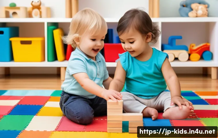 유아교육지도사로서 교육 중 평가 체계 설계 - A warm, bright daycare room filled with natural light, showing a diverse group of toddlers playing t...