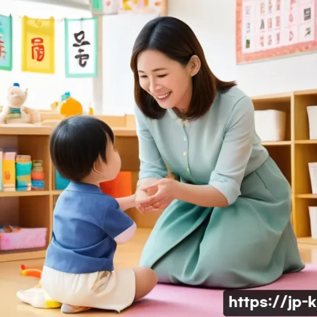 유아교육지도사로서 커뮤니케이션 스킬 향상법 - A warm and inviting classroom scene where a cheerful female teacher with a gentle smile kneels down ...