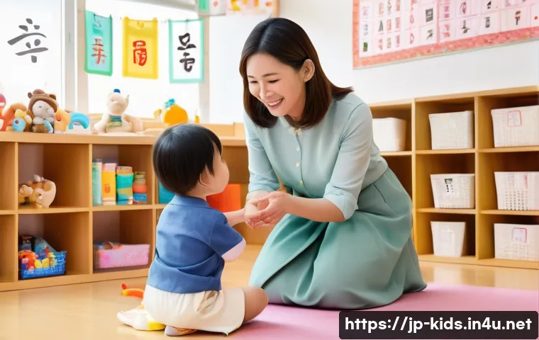 유아교육지도사로서 커뮤니케이션 스킬 향상법 - A warm and inviting classroom scene where a cheerful female teacher with a gentle smile kneels down ...