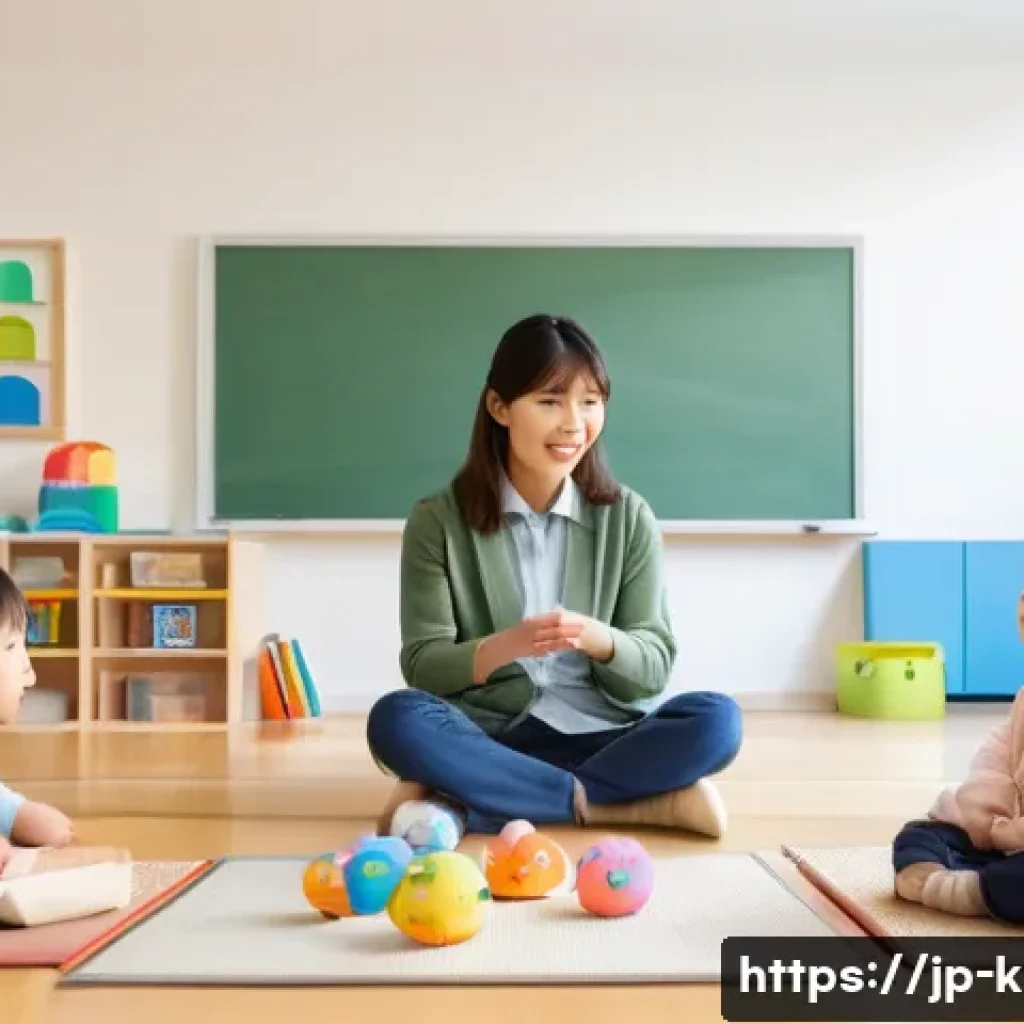 유아교육지도사로서의 리더십 스킬 - A warm, modern Japanese preschool classroom scene showing a female educator attentively observing a ...