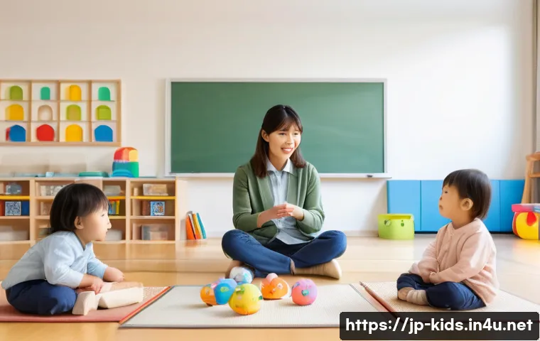 유아교육지도사로서의 리더십 스킬 - A warm, modern Japanese preschool classroom scene showing a female educator attentively observing a ...