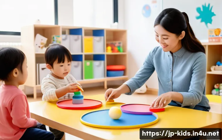 유아교육지도사와 보육교사의 차이점 - A warm, bright kindergarten classroom scene featuring a 유아교육지도사 (early childhood education instructo...