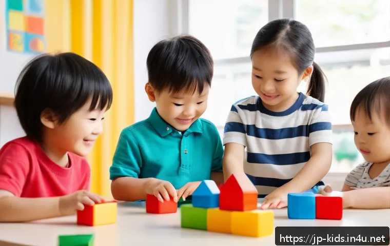 유아교육지도사 강의 중 활용할 수 있는 다양한 자료 - A bright and cheerful kindergarten classroom scene featuring a diverse group of young children playi...