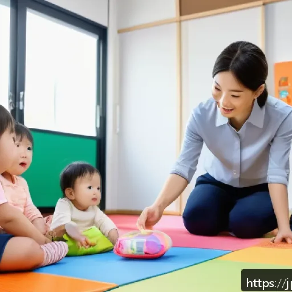 유아교육지도사 이론과 실기의 차이 - A modern Japanese early childhood education classroom scene, showing a young female teacher explaini...