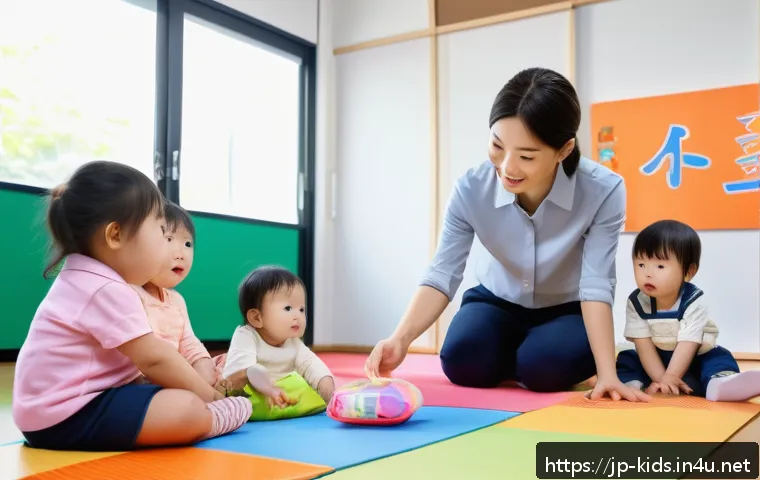유아교육지도사 이론과 실기의 차이 - A modern Japanese early childhood education classroom scene, showing a young female teacher explaini...
