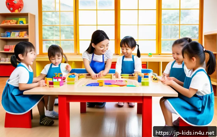 유아교육지도사 강의 준비 시 필요한 리소스 - A vibrant and colorful preschool classroom scene featuring young children aged 3 to 5 years old enga...