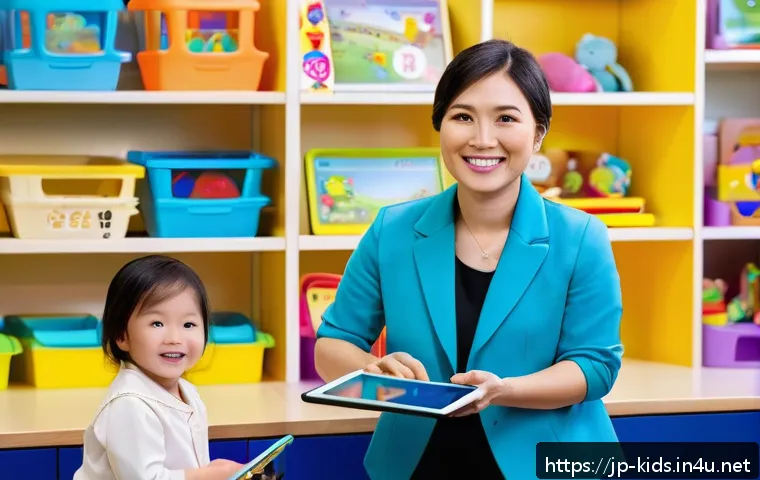 유아교육지도사로서의 자격증 추가 취득 전략 - A professional early childhood educator in a bright, modern classroom setting, wearing neat business...