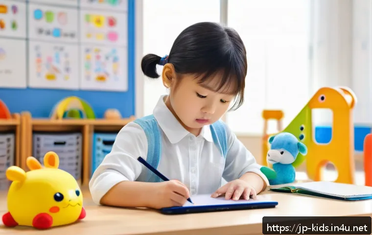 유아교육지도사 경력 관리 및 정리법 - A Japanese childcare professional writing detailed daily notes in a modern nursery setting, surround...