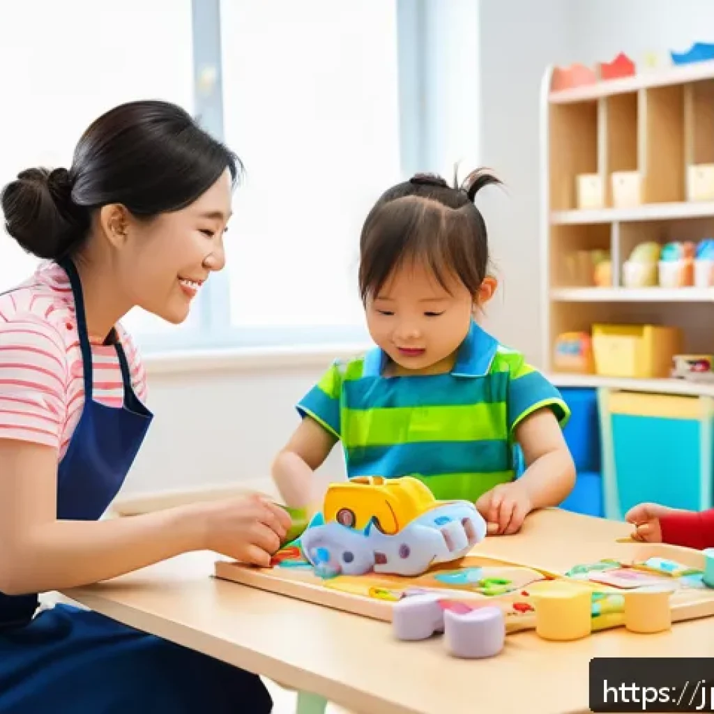 유아교육지도사 자격증 시험 후 직업 선택 팁 - A warm and lively preschool classroom scene showing a qualified childcare worker attentively engagin...