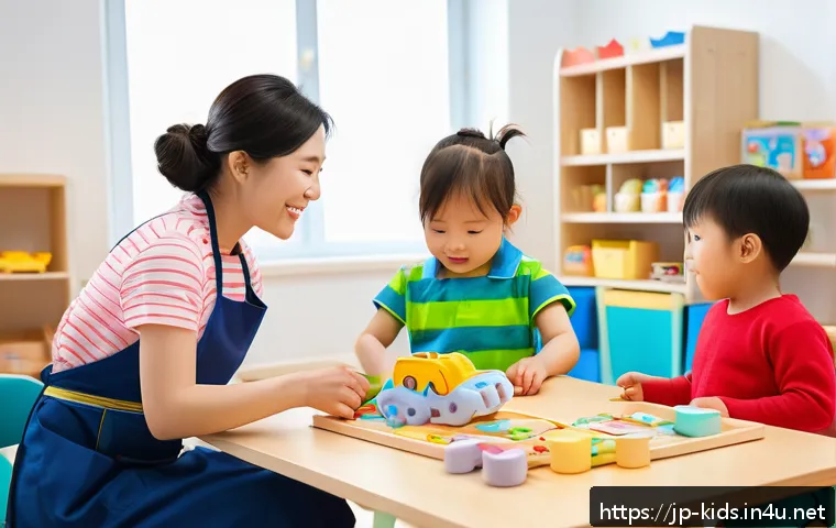 유아교육지도사 자격증 시험 후 직업 선택 팁 - A warm and lively preschool classroom scene showing a qualified childcare worker attentively engagin...