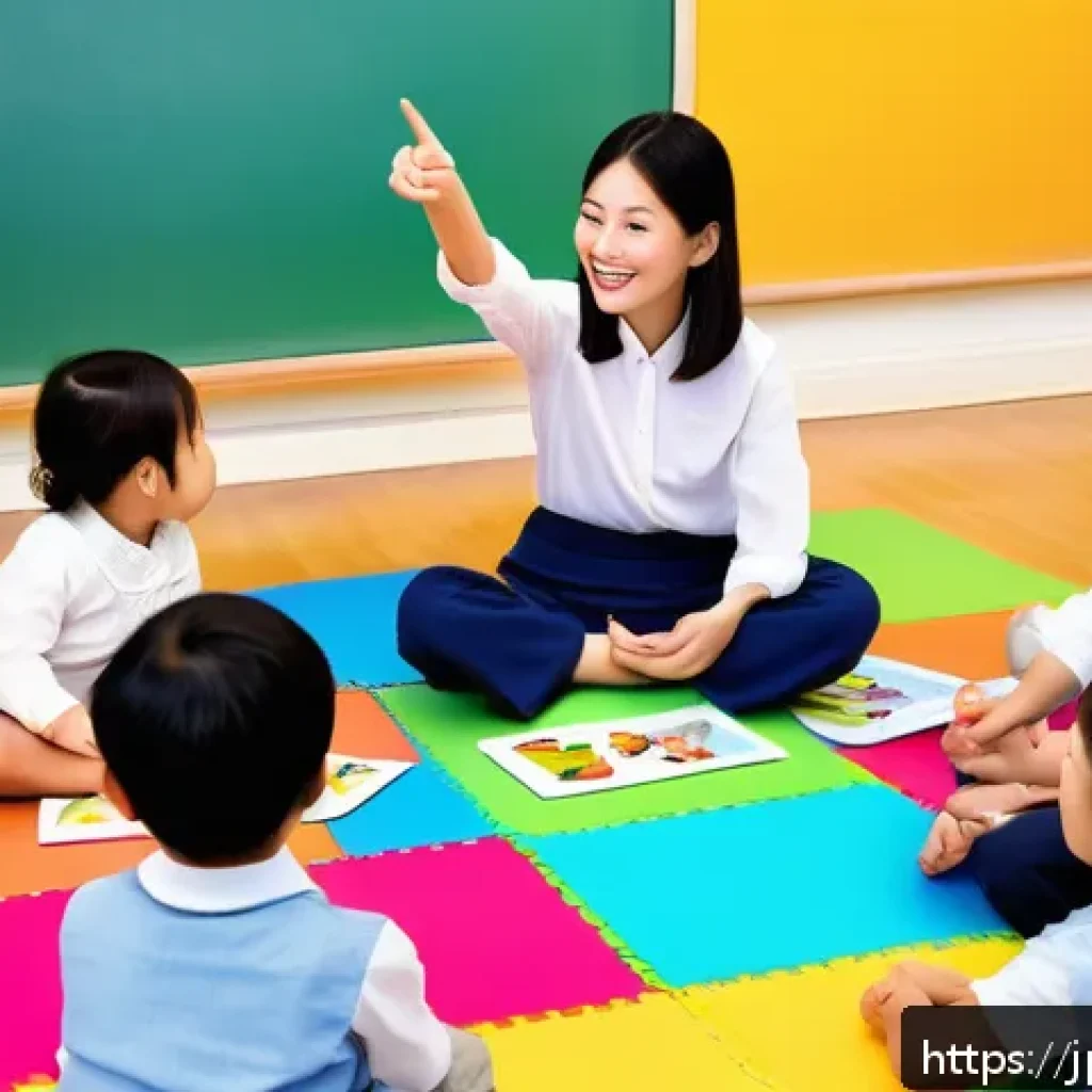 유아교육지도사 강의 중 사용 가능한 시각 자료 추천 - A colorful early childhood classroom scene featuring a cheerful Japanese preschool teacher showing l...